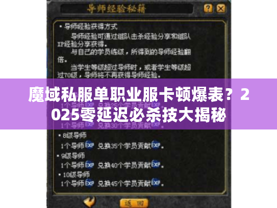 魔域私服单职业服卡顿爆表？2025零延迟必杀技大揭秘